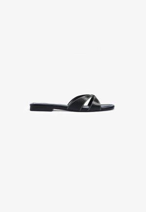 Black flat slide sandal with textured crossed straps and square heel on a white background.