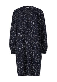 Robe bleu marine avec de longues manches bouffantes, un col smocké et un motif floral éparpillé dans des tons blancs, bleus et bruns.