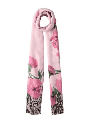 Sciarpa floreale rosa con grandi stampe di peonie rosa e foglie verdi, con un bordo in stampa animale testurizzata alle estremità. Materiale morbido, forma rettangolare.