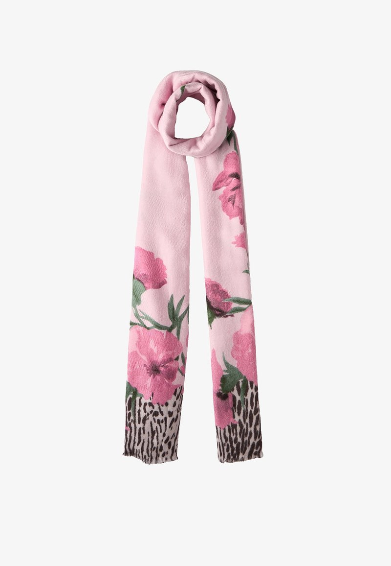 Rosa Blumenschal mit großen rosa Pfingstrosenmotiven und grünen Blättern, sowie einem strukturierten Tierdruckrand an den Enden. Weiches Material, rechteckige Form.