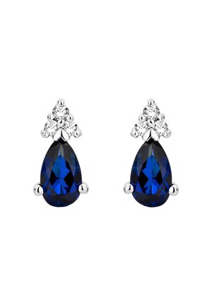 Ohrringe in Silberoptik mit birnenförmigen blauen Edelsteinen, akzentuiert mit kleinen runden klaren Steinen in einem dreieckigen Design.