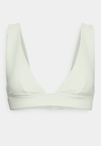 Top de biquíni de cor creme com um design texturizado em nervuras. Apresenta um decote em V profundo e alças largas para suporte.