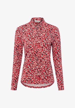 Overhemd met lange mouwen met knopen, in een levendig rood, zwart en wit bloemenpatroon, voorzien van een kraag en een afgeronde zoom. Glad stoftextuur.