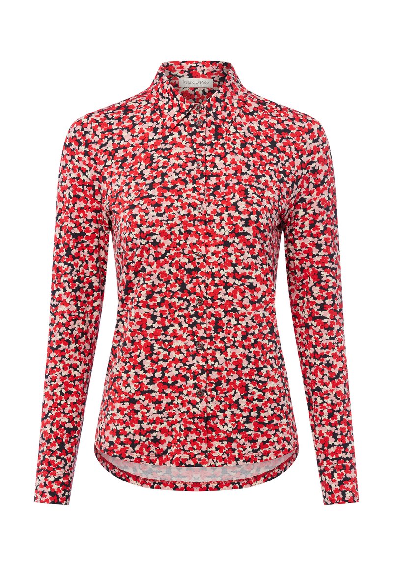Overhemd met lange mouwen met knopen, in een levendig rood, zwart en wit bloemenpatroon, voorzien van een kraag en een afgeronde zoom. Glad stoftextuur.