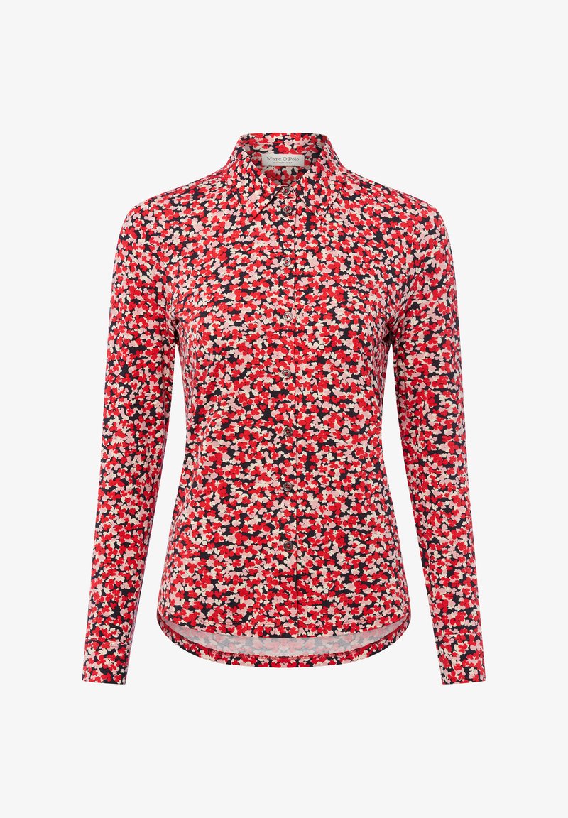 Overhemd met lange mouwen met knopen, in een levendig rood, zwart en wit bloemenpatroon, voorzien van een kraag en een afgeronde zoom. Glad stoftextuur.