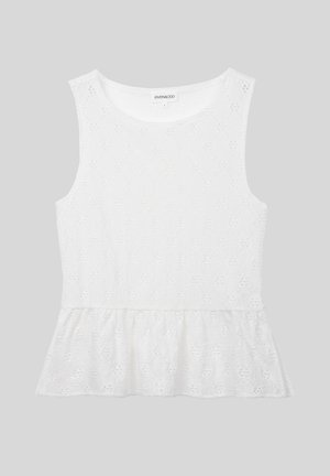 White sleeveless top made of textured fabric with a floral pattern, featuring a gathered peplum hem and a round neckline.