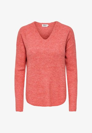 Pull en maille corail avec col en V, coupe décontractée et texture côtelée. Manches longues et ourlet arrondi. L'étiquette indique la marque "ONLY".