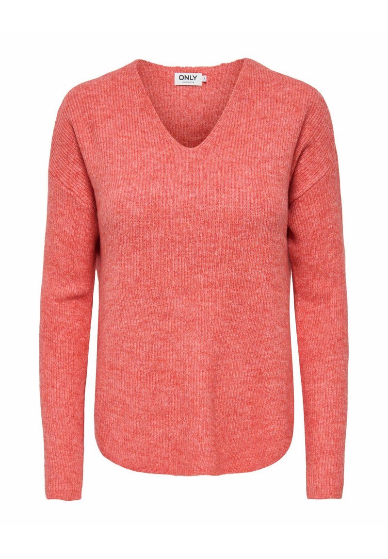Pull en maille corail avec col en V, coupe décontractée et texture côtelée. Manches longues et ourlet arrondi. L'étiquette indique la marque "ONLY".