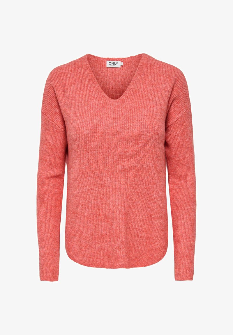 Pull en maille corail avec col en V, coupe décontractée et texture côtelée. Manches longues et ourlet arrondi. L'étiquette indique la marque "ONLY".