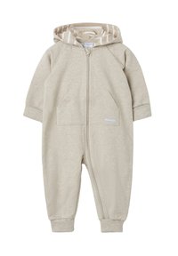 Beiger Zip-Up Einteiler aus weichem Stoff, mit gefütterter Kapuze in Streifenoptik, zwei vorderen Taschen und gerippten Bündchen.