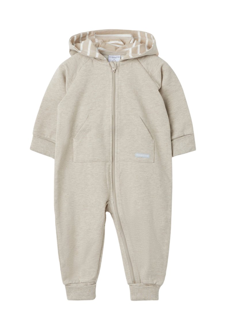 Beiger Zip-Up Einteiler aus weichem Stoff, mit gefütterter Kapuze in Streifenoptik, zwei vorderen Taschen und gerippten Bündchen.