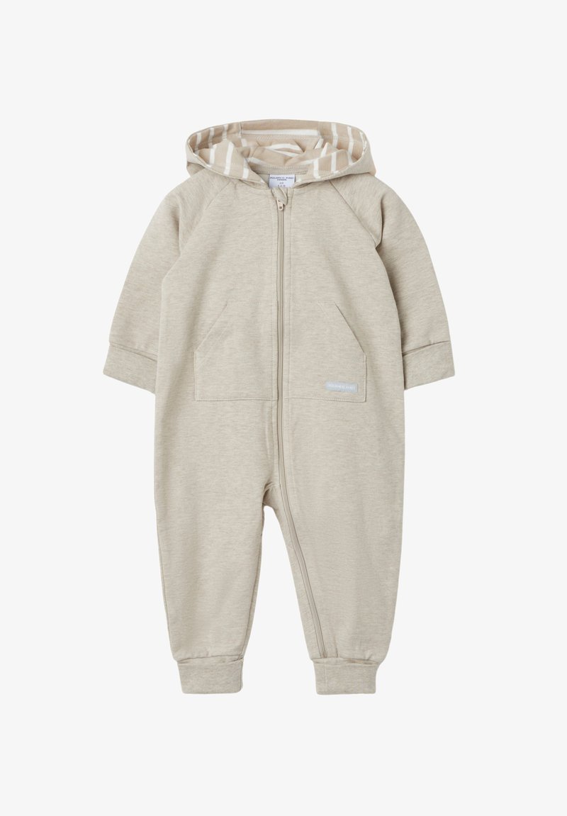 Beiger Zip-Up Einteiler aus weichem Stoff, mit gefütterter Kapuze in Streifenoptik, zwei vorderen Taschen und gerippten Bündchen.