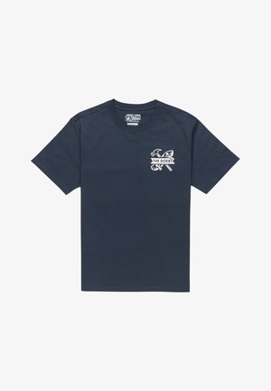 T-shirt en coton bleu marine à manches courtes, avec un motif graphique blanc de poissons et une bannière portant "LES FAISEURS" sur la poitrine gauche.