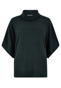 Pull en tricot côtelé vert foncé avec un col montant et des manches larges. Forme carrée avec une surface texturée, adapté pour un usage décontracté.