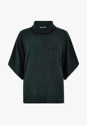 Pull en tricot côtelé vert foncé avec un col montant et des manches larges. Forme carrée avec une surface texturée, adapté pour un usage décontracté.
