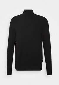 Pull à col roulé noir en tissu lisse. Comprend des manches longues et une coupe ajustée. Col sans coutures avec une petite étiquette de marque discrète à l'ourlet.