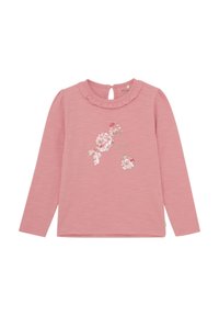 Langärmliges pinkes Oberteil aus weichem Stoff, mit einem gerafften Ausschnitt, verziertem Blumendesign mit Pailletten und Knopfleiste auf der Rückseite.