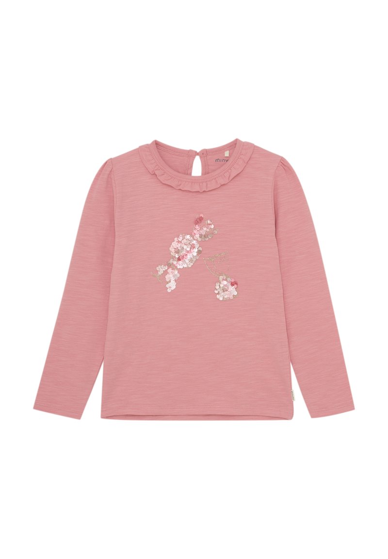 Langärmliges pinkes Oberteil aus weichem Stoff, mit einem gerafften Ausschnitt, verziertem Blumendesign mit Pailletten und Knopfleiste auf der Rückseite.