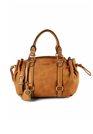 Sac à main en cuir marron avec double poignée, bandoulière réglable, côtés à cordon de serrage et ferrures dorées estampillées "Liu Jo".