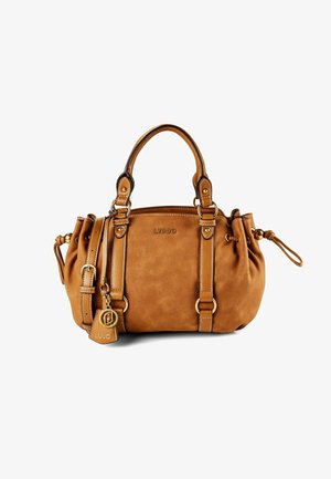 Brown leather handbag with dual handles, adjustable shoulder strap, drawstring sides, and gold-tone hardware branded "Liu Jo."
