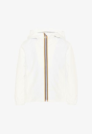 Biała kurtka z kapturem zapinana na zamek z przodu, z ozdobnymi paskami w kolorach żółtym, granatowym i białym, elastycznymi mankietami oraz prostym, czystym wzornictwem.