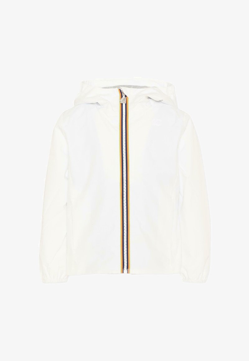 Veste à capuche blanche avec fermeture éclair frontale, bordure rayée en jaune, bleu marine et blanc, poignets élastiques, design simple et épuré.