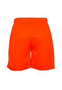 Shorts portocalii strălucitoare, confecționate dintr-un material ușor, cu o talie elastică și o textură netedă, având un design simplu și funcțional.