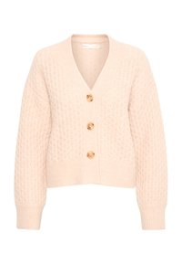 Hellrosa gestrickte Jacke mit V-Ausschnitt, langen Ärmeln, strukturiertem Muster und drei Holzknöpfen vorne. Verkürztes Design.