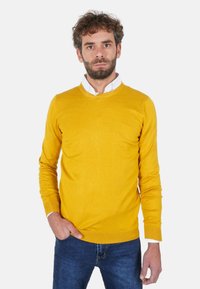 Maglione giallo lavorato a maglia con scollo rotondo e maniche lunghe, abbinato a jeans di denim blu. Tessuto liscio con polsini e fondo a coste.