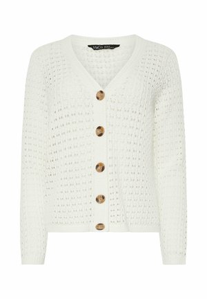 Gilet en tricot blanc avec un col en V, cinq grands boutons marron, et un motif de points ajourés texturé. Manches longues et poignets ajustés.