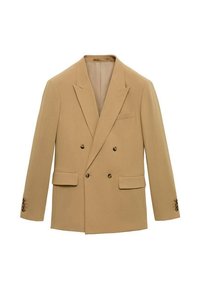 Blazer doppiopetto in tessuto beige chiaro. Tra le caratteristiche principali ci sono due tasche frontali, rever a faccetta e bottoni marroni sulle maniche.