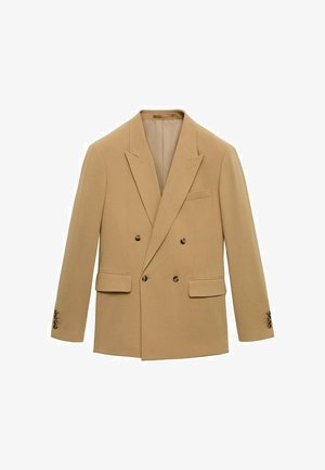 Double-breasted blazer in light beige fabric. Notable features include two front pockets, notch lapels, and brown buttons on the sleeves.