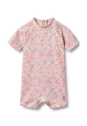 Kortærmet lyserød babybody med flerfarvede blomsterhjerte-mønstre og høj hals.