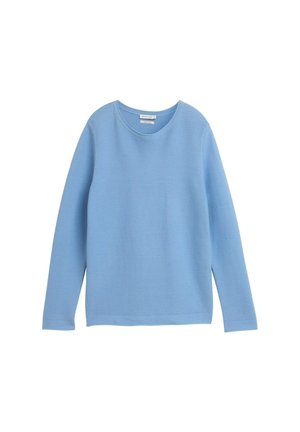 Lichtblauwe longsleeve trui met een ronde hals, geribbelde textuur en een relaxte pasvorm. Geen zichtbare patronen of accenten.