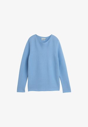 Gaiši zils garām piedurknēm džemperis ar apaļu kakla izgriezumu, ribota tekstūra un brīvs piegriezums. Nav redzamu rakstu vai akcentu.