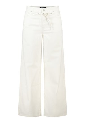 Pantalon blanc à jambes larges, taille haute, avec bouton et fermeture éclair devant, passants pour ceinture et ceinture en tissu nouée à la taille.