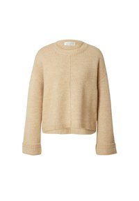 Beżowy sweter wełniany z okrągłym dekoltem, opadającymi ramionami, ściągaczami przy mankietach i na dole, z teksturowanej tkaniny i krótkim krojem.