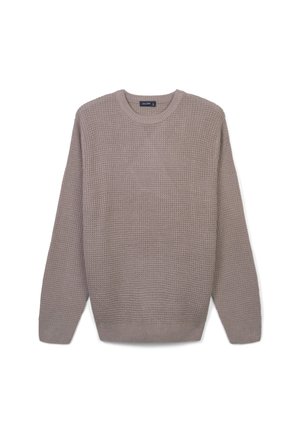 Maglione grigio lavorato a maglia con un motivo testurizzato, collo a giro, maniche lunghe e polsini e orlo a costine. Tessuto leggero, vestibilità casual.