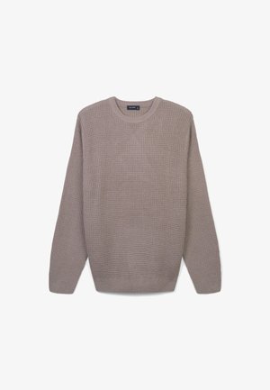 Pull en maille grise avec un motif texturé, col ras du cou, manches longues, et poignets et ourlet côtelés. Tissu léger, coupe décontractée.