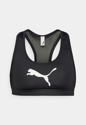 Top sportivo nero con design a schiena scoperta, caratterizzato da un grande logo bianco Puma sul davanti e tessuto strutturato per il comfort.