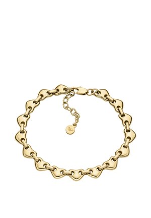 Goldene Gliederarmkette mit abwechselnden herzförmigen und ovalen Gliedern, mit einem Verschluss und Verlängerungskette für verstellbare Länge.