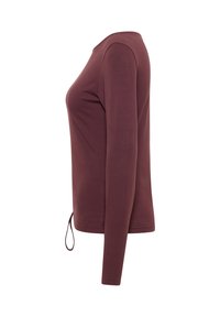 Dunkelrotes Langarmoberteil mit rundem Ausschnitt, ausgestattet mit einem Kordelzug am Saum und einer weichen, glatten Textur.