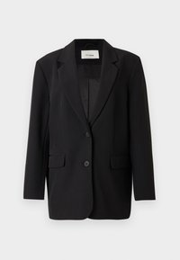 Černý blazer se strukturovaným designem, zapínání na jeden knoflík, dvě přední kapsy a hladkou vnitřní podšívku. Přiléhavý střih s klopovými límci.