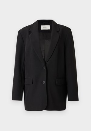 Zwarte blazer met een gestructureerd ontwerp, enkele knoopsluiting, twee voorkeurken en een gladde binnenvoering. Perfecte pasvorm met schouderklappen.