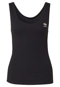 Svart ribbad linne i stretchtyg, med rundad halsringning och en liten vit Adidas-logotyp på vänster bröst.