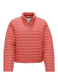 Doudoune corail avec motif matelassé horizontal, col montant, fermeture éclair à l'avant et poches latérales. Design léger et isolé.