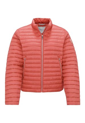 Giacca a puffo corallo con motivo a righe orizzontali, colletto rialzato, zip frontale e tasche laterali. Design leggero e isolante.