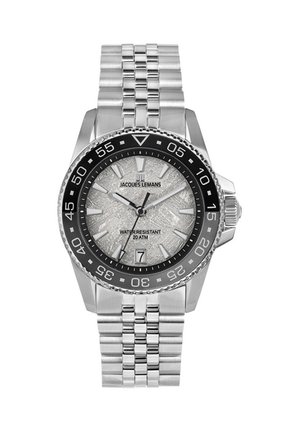 Stainless steel watch with a silver textured dial, black bezel, and link bracelet. Features date display and water resistance to 20 ATM.