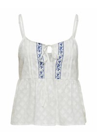 Blusa blanca sin mangas con un corpiño ajustado, textura de encaje y bordados florales azules a lo largo del centro. Se ata en el cuello.