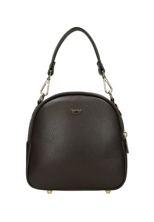 Borsa a tracolla in pelle marrone scuro con texture, manico corto staccabile, parte superiore arrotondata, chiusura con cerniera e piccolo logo dorato sul davanti.